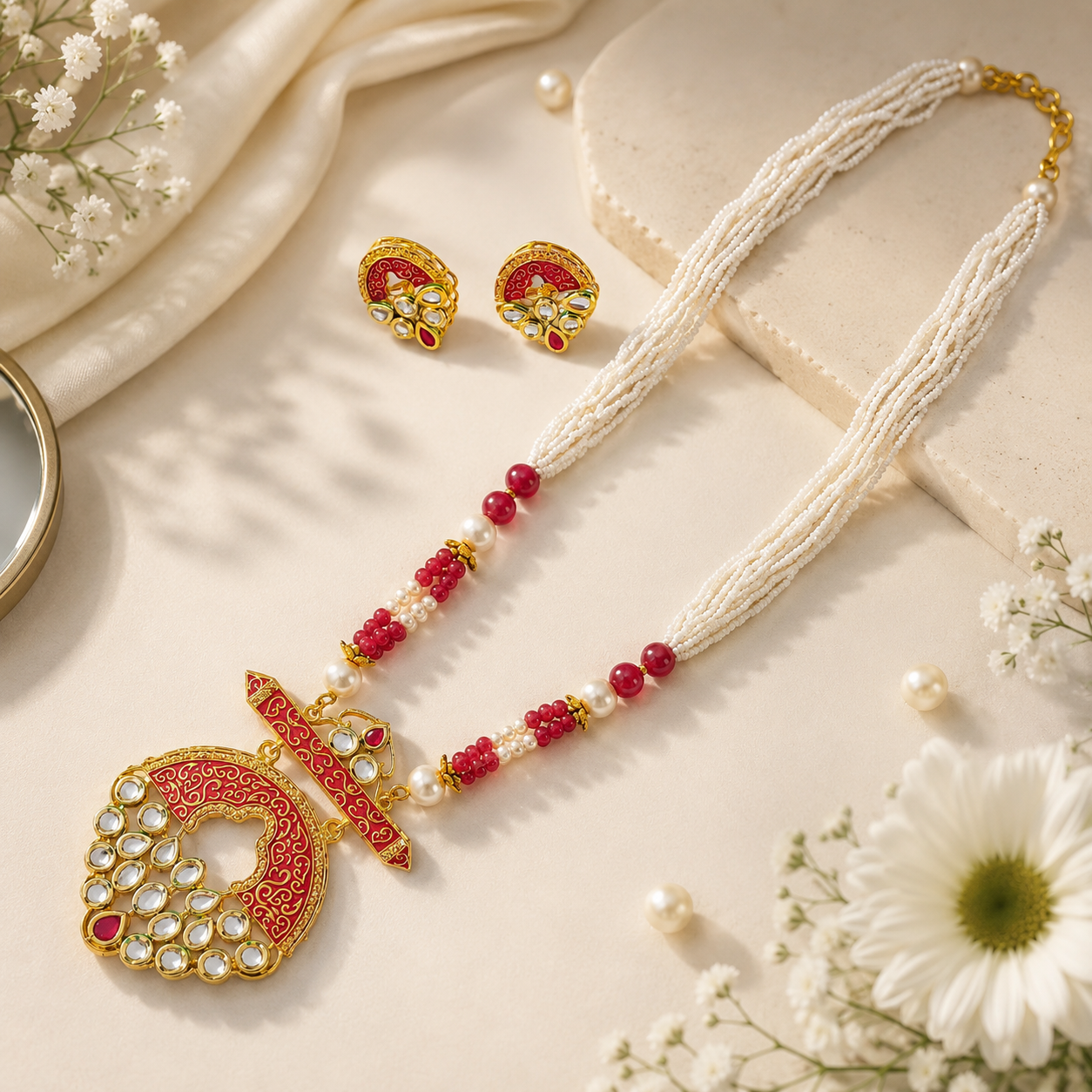 Red Beaded Kundan Necklace Set