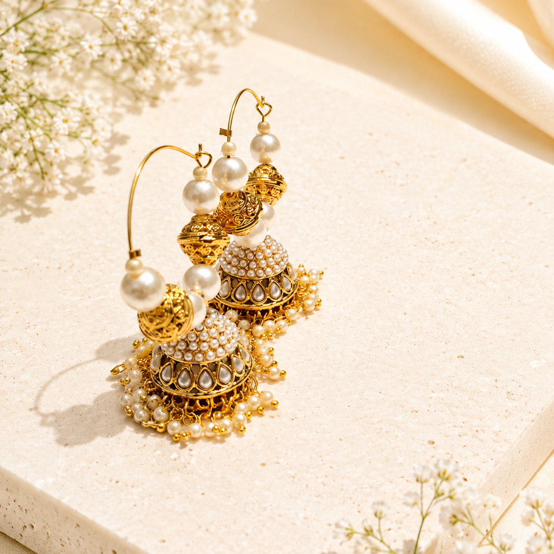 Gold Plated Pearl Jhumka Earrings