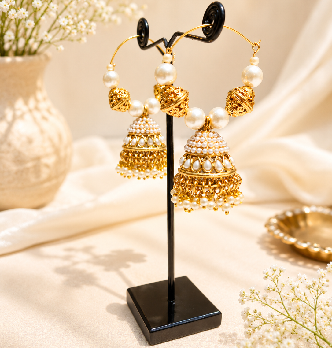 Gold Plated Pearl Jhumka Earrings
