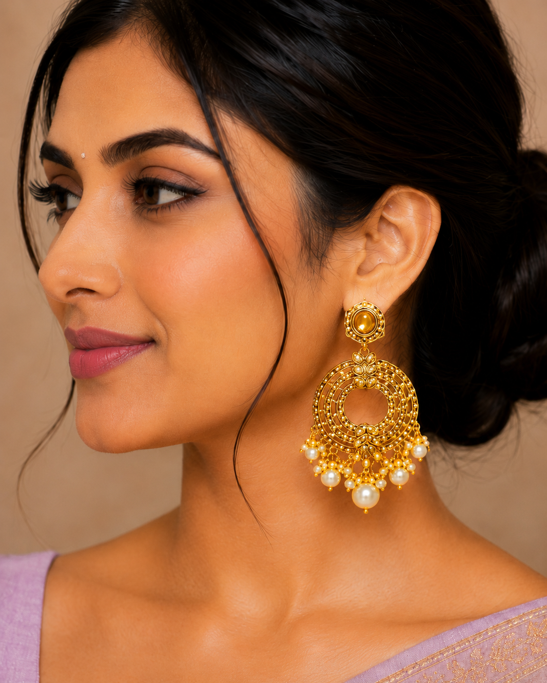 Gold Plated Pearl Drop Chandbali Earrings