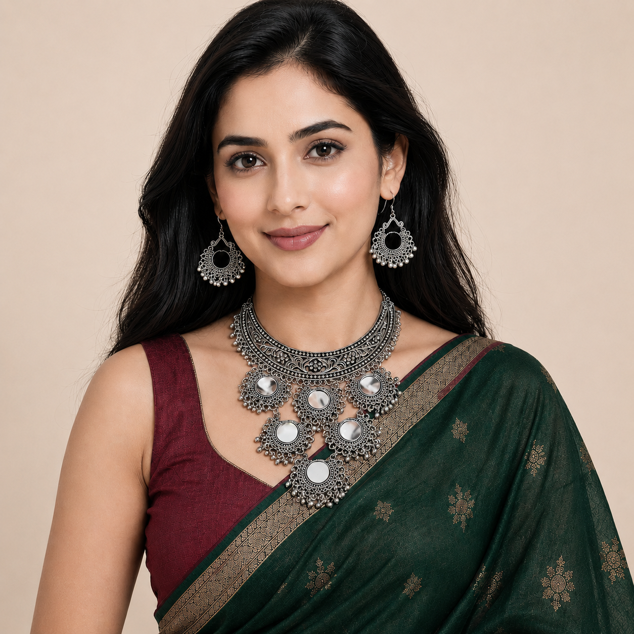 Oxidised Mirror Necklace Set