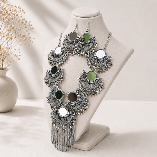 Oxidised Mirror Necklace Set with Earrings