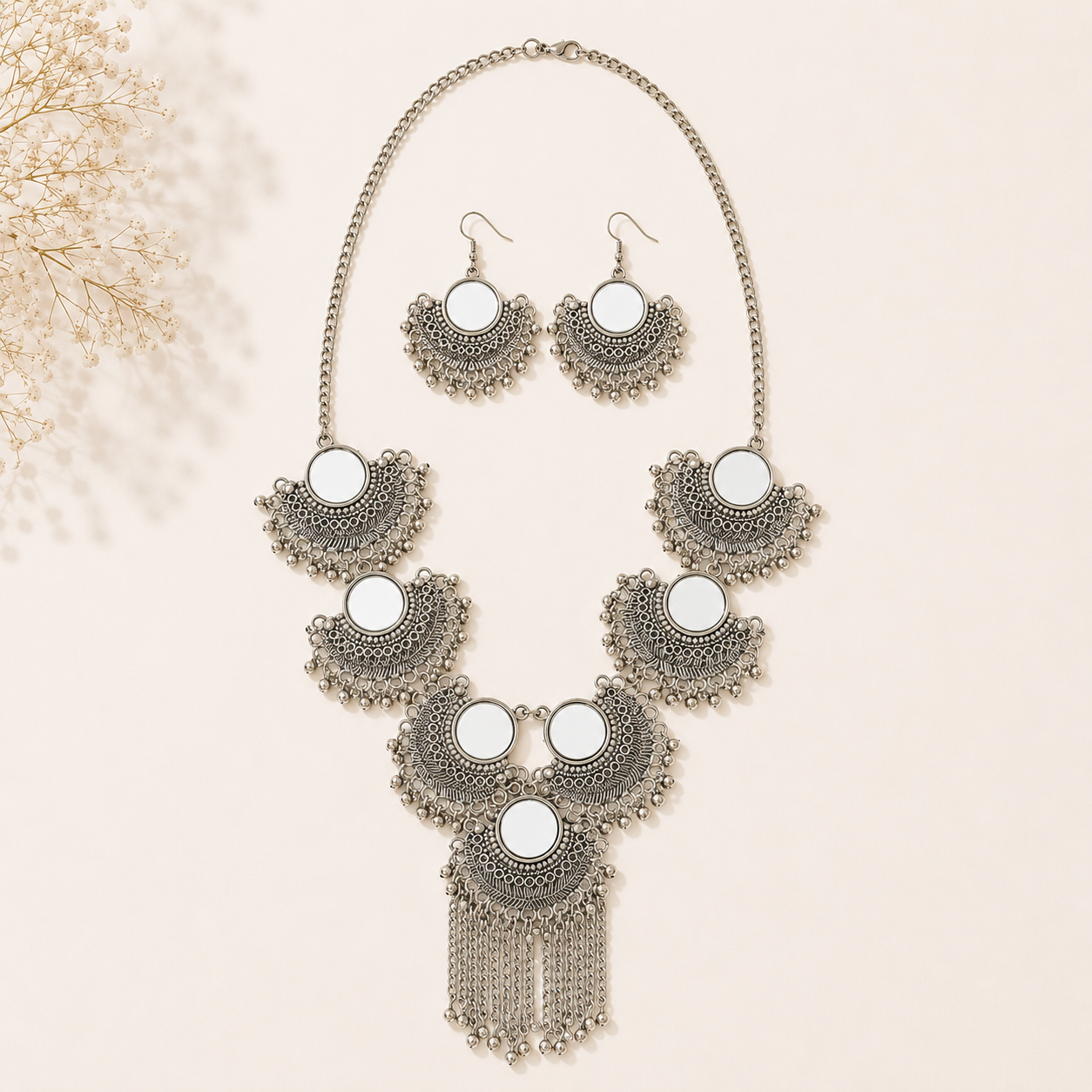 Oxidised Mirror Necklace Set with Earrings