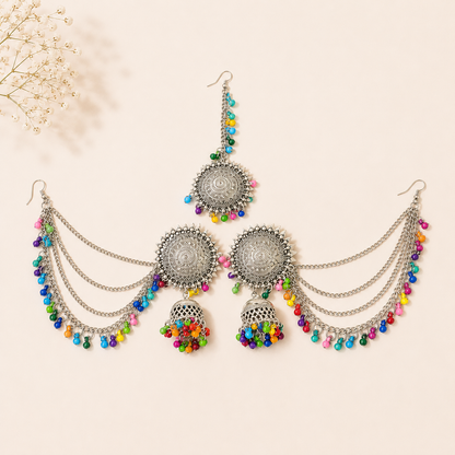 Oxidised Jhumka Ear Chain Set with Maang Tikka
