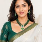 Green beaded Kundan necklace set worn by model with matching earrings