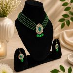 Traditional green necklace set for women with matching drop earrings