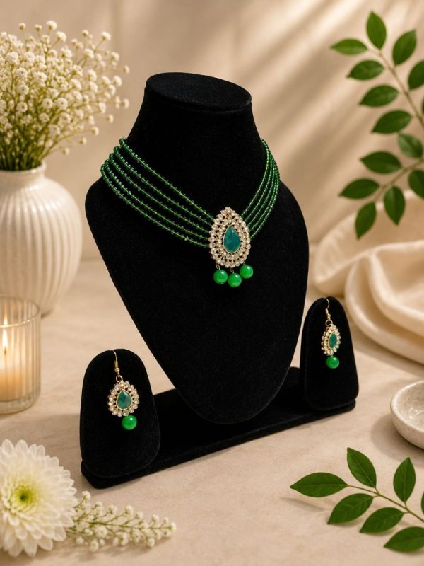 Traditional green necklace set for women with matching drop earrings