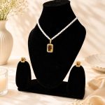 Elegant pearl necklace with rectangular champagne crystal pendant for women