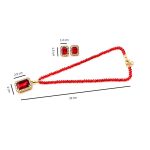 Red beaded necklace set with rectangular crystal pendant and earrings- dimensions