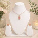 Gold plated pink crystal pendant necklace with pearl bead chain