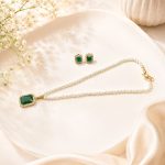 Gold plated green gemstone pendant necklace with pearl bead chain