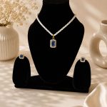 Gold plated blue crystal pendant necklace with pearl bead chain