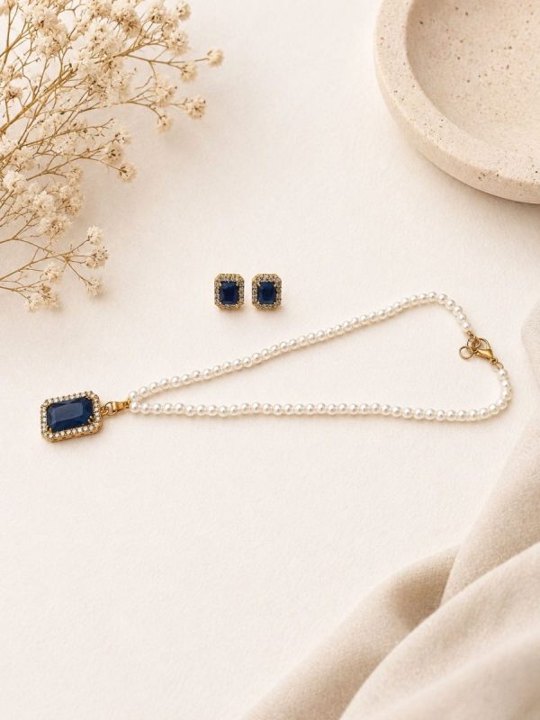 Elegant blue gemstone necklace set for women with stud earrings
