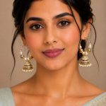 Woman wearing gold plated pearl hoop jhumka earrings with ethnic saree