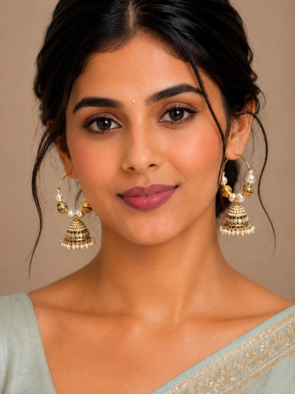 Woman wearing gold plated pearl hoop jhumka earrings with ethnic saree