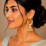 Side view of gold plated pearl hoop jhumka earrings for women