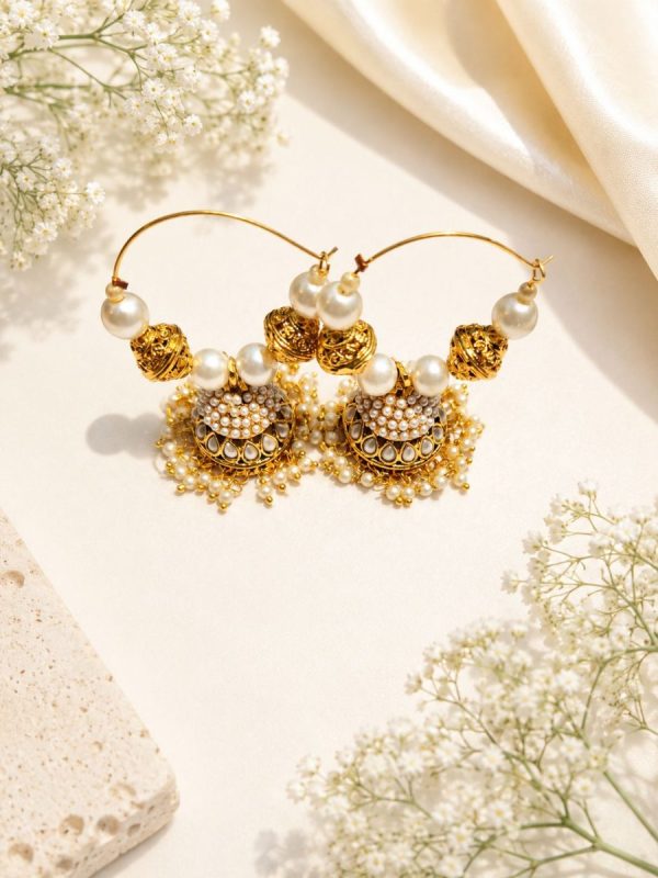 Traditional pearl hoop jhumka earrings with intricate gold detailing