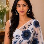 Blue pearl hoop jhumka earrings styled with white floral saree