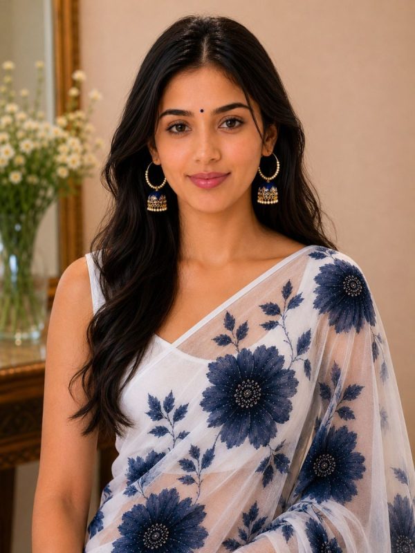 Blue pearl hoop jhumka earrings styled with white floral saree
