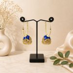 Gold plated blue jhumka earrings with pearl hoop design for women