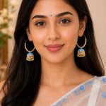 Woman wearing blue pearl jhumka hoop earrings with white floral saree