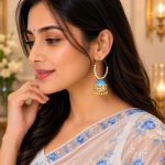 Side view of blue pearl jhumka earrings with gold hoop and enamel detailing