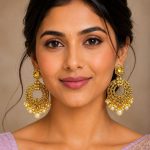 Woman wearing gold plated pearl drop chandbali earrings with traditional ethnic attire