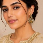 Woman wearing antique gold teardrop dangle earrings with ethnic outfit