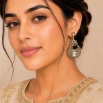 Woman wearing antique gold Kundan dangle earrings with white stone detailing