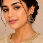 Woman wearing antique black stone dangle earrings with ethnic outfit