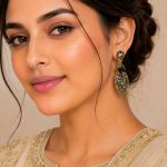 Woman wearing antique black stone drop earrings with ethnic outfit