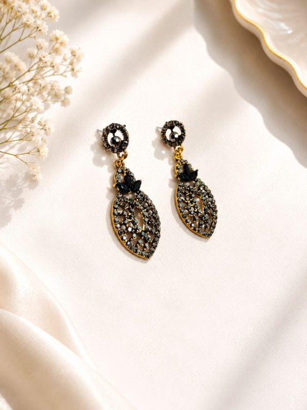 Close-up view of antique black stone earrings for women