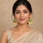 Green Stone Pearl Chandbali Earrings for women front view