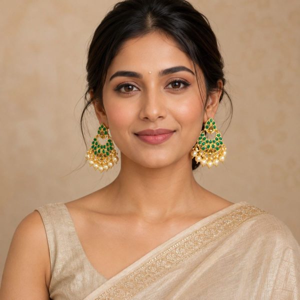 Green Stone Pearl Chandbali Earrings for women front view