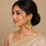 Traditional green stone chandbali earrings with pearl drops