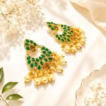 Designer chandbali earrings with green stones and pearl detailing