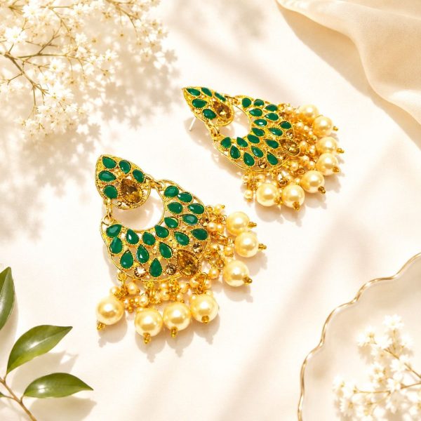 Designer chandbali earrings with green stones and pearl detailing