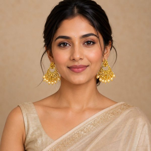 Gold Pearl Chandbali Earrings for women front view