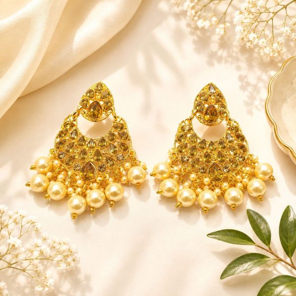 Gold pearl chandbali earrings with stone detailing and pearl drops