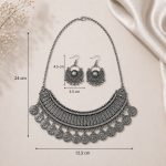 oxidesed coin necklace set on stand with dimensions