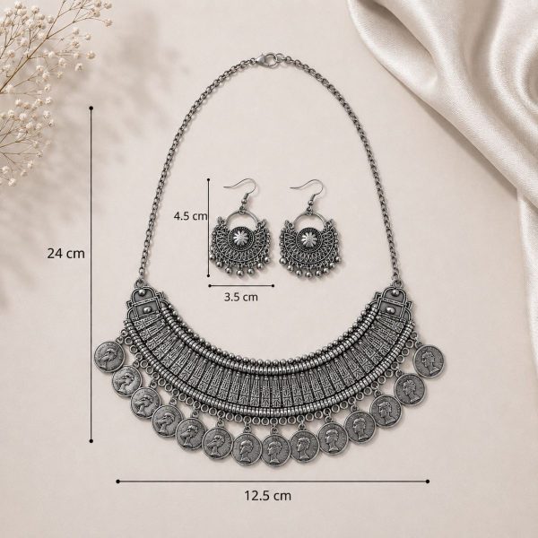 oxidesed coin necklace set on stand with dimensions