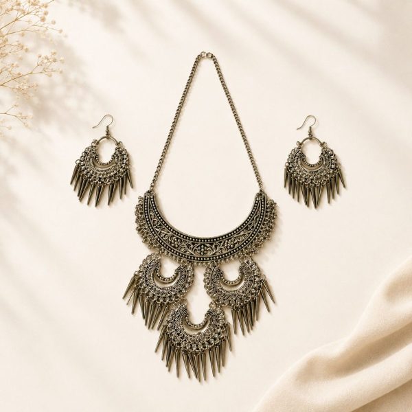 Oxidised silver tribal crescent necklace and earring set