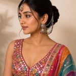 Side view of oxidised ear chain jewellery set with jhumka earrings and maang tikka