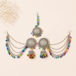 Traditional oxidised ear chain jewellery set with colorful bead accents