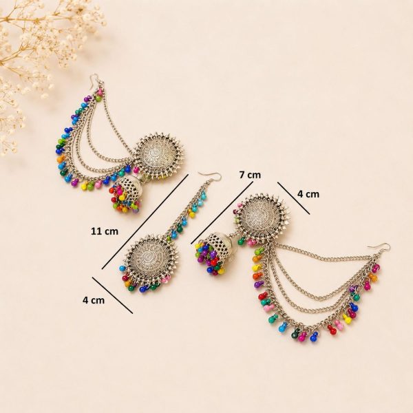 Oxidised ear chain set dimensions with jhumka earrings and maang tikka size details