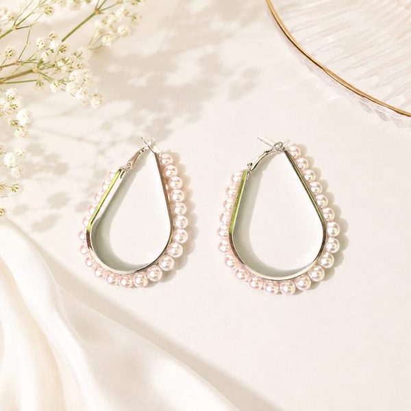 Elegant silver pearl hoop earrings for women