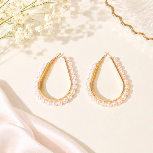 Rose Gold Pearl Hoop Earrings with teardrop design on elegant background